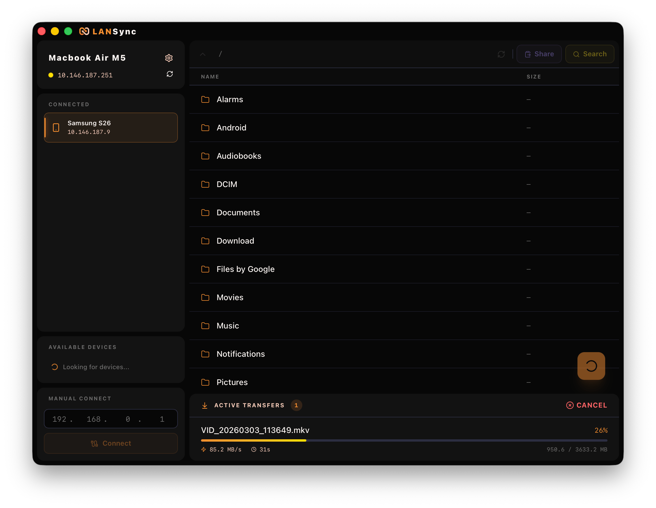 LANSync Desktop App — browsing Android files from macOS